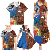 Fiji and Australia Together Family Matching Summer Maxi Dress and Hawaiian Shirt Fijian Tapa Plants with Kangaroo and Aboriginal LT03 - Polynesian Pride