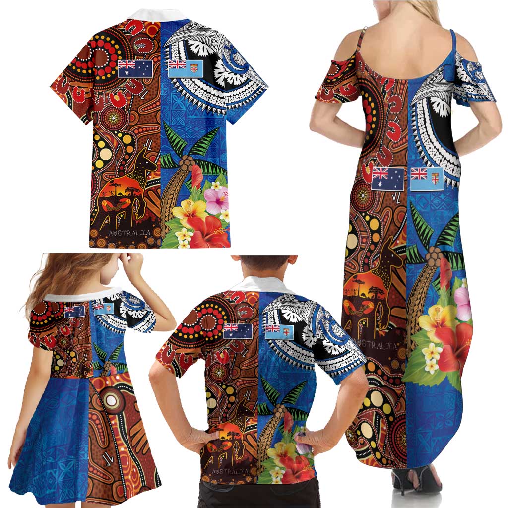 Fiji and Australia Together Family Matching Summer Maxi Dress and Hawaiian Shirt Fijian Tapa Plants with Kangaroo and Aboriginal LT03 - Polynesian Pride