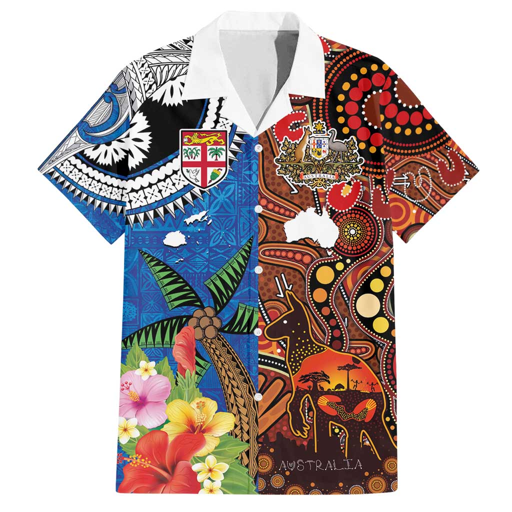 Fiji and Australia Together Family Matching Summer Maxi Dress and Hawaiian Shirt Fijian Tapa Plants with Kangaroo and Aboriginal LT03 Dad's Shirt - Short Sleeve Black - Polynesian Pride