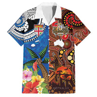 Fiji and Australia Together Family Matching Summer Maxi Dress and Hawaiian Shirt Fijian Tapa Plants with Kangaroo and Aboriginal LT03 Dad's Shirt - Short Sleeve Black - Polynesian Pride
