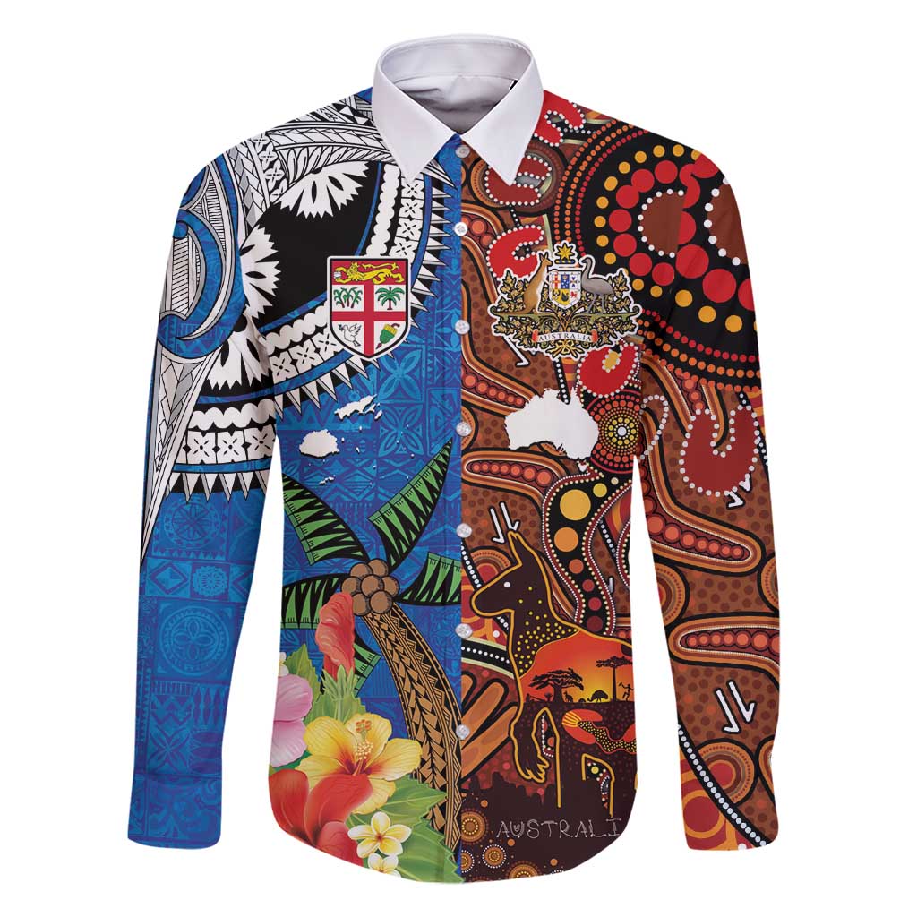 Fiji and Australia Together Family Matching Summer Maxi Dress and Hawaiian Shirt Fijian Tapa Plants with Kangaroo and Aboriginal LT03 Dad's Shirt - Long Sleeve Black - Polynesian Pride