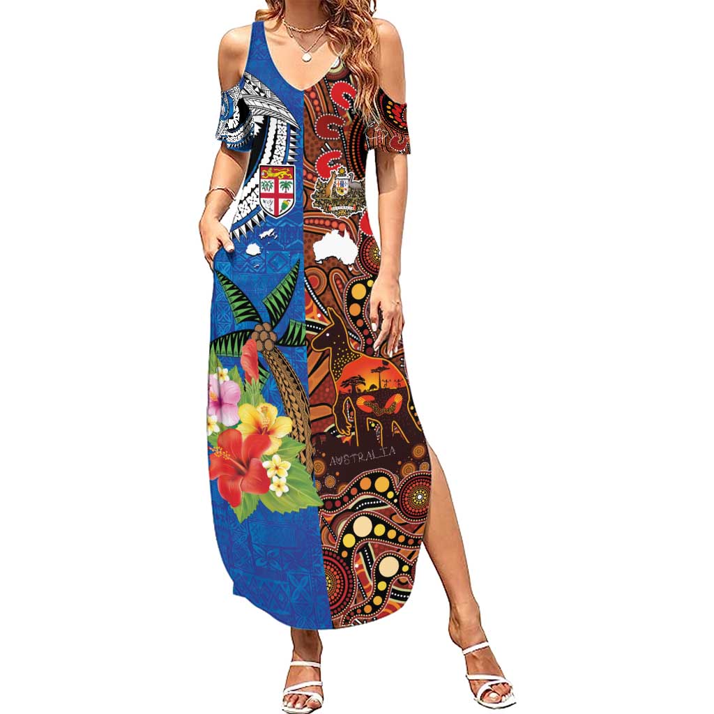 Fiji and Australia Together Family Matching Summer Maxi Dress and Hawaiian Shirt Fijian Tapa Plants with Kangaroo and Aboriginal LT03 Mom's Dress Black - Polynesian Pride