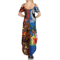 Fiji and Australia Together Family Matching Summer Maxi Dress and Hawaiian Shirt Fijian Tapa Plants with Kangaroo and Aboriginal LT03 - Polynesian Pride