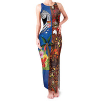 Fiji and Australia Together Family Matching Tank Maxi Dress and Hawaiian Shirt Fijian Tapa Plants with Kangaroo and Aboriginal - Polynesian Pride