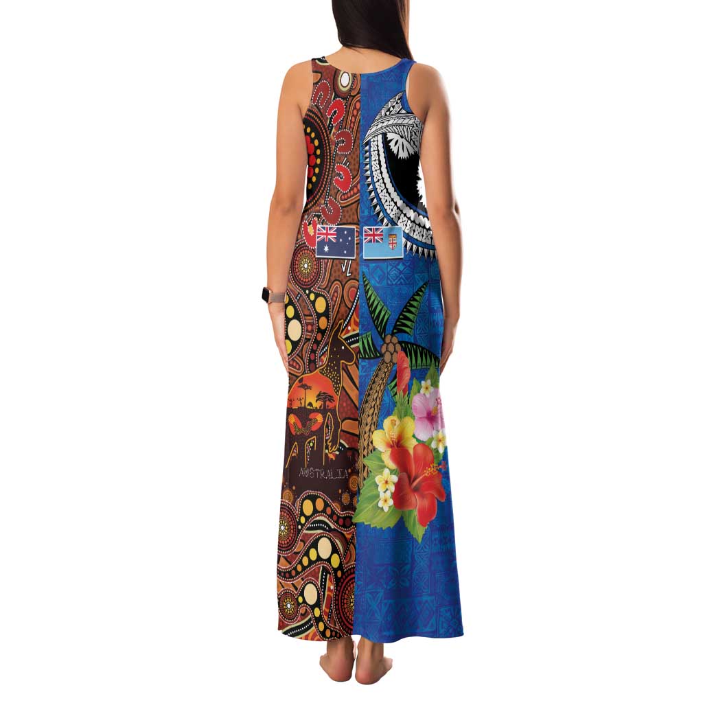 Fiji and Australia Together Family Matching Tank Maxi Dress and Hawaiian Shirt Fijian Tapa Plants with Kangaroo and Aboriginal - Polynesian Pride