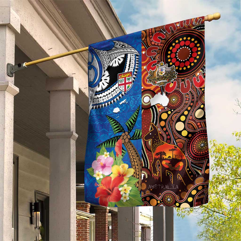 Fiji and Australia Together Garden Flag Fijian Tapa Plants with Kangaroo and Aboriginal - Polynesian Pride