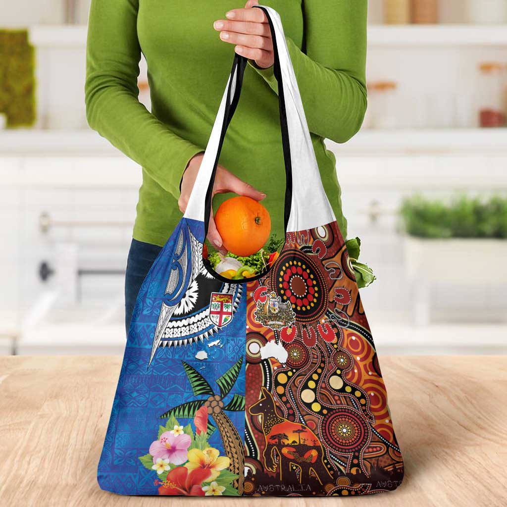 Fiji and Australia Together Grocery Bag Fijian Tapa Plants with Kangaroo and Aboriginal - Polynesian Pride