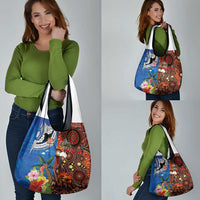 Fiji and Australia Together Grocery Bag Fijian Tapa Plants with Kangaroo and Aboriginal - Polynesian Pride