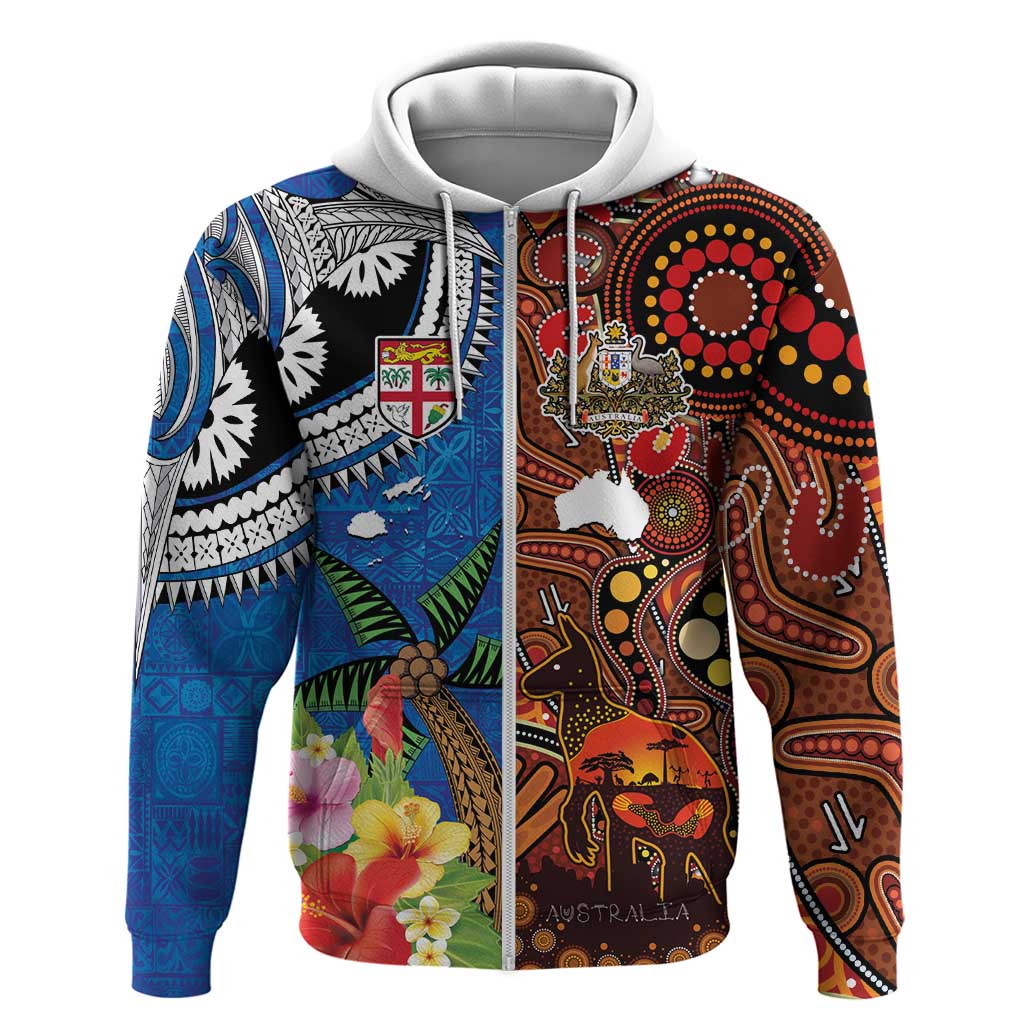 Fiji and Australia Together Hoodie Fijian Tapa Plants with Kangaroo and Aboriginal - Polynesian Pride