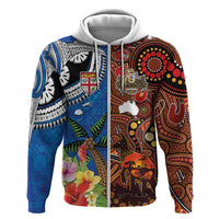 Fiji and Australia Together Hoodie Fijian Tapa Plants with Kangaroo and Aboriginal - Polynesian Pride
