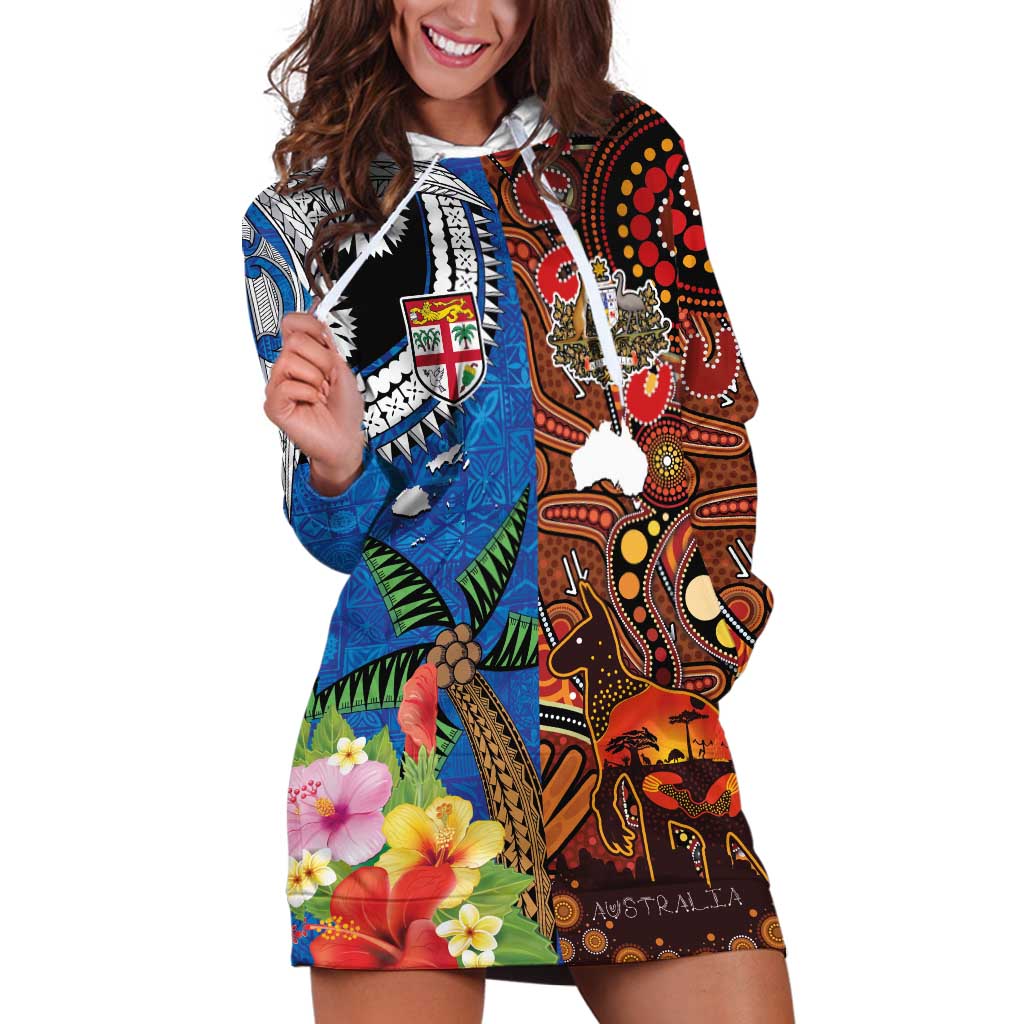 Fiji and Australia Together Hoodie Dress Fijian Tapa Plants with Kangaroo and Aboriginal - Polynesian Pride