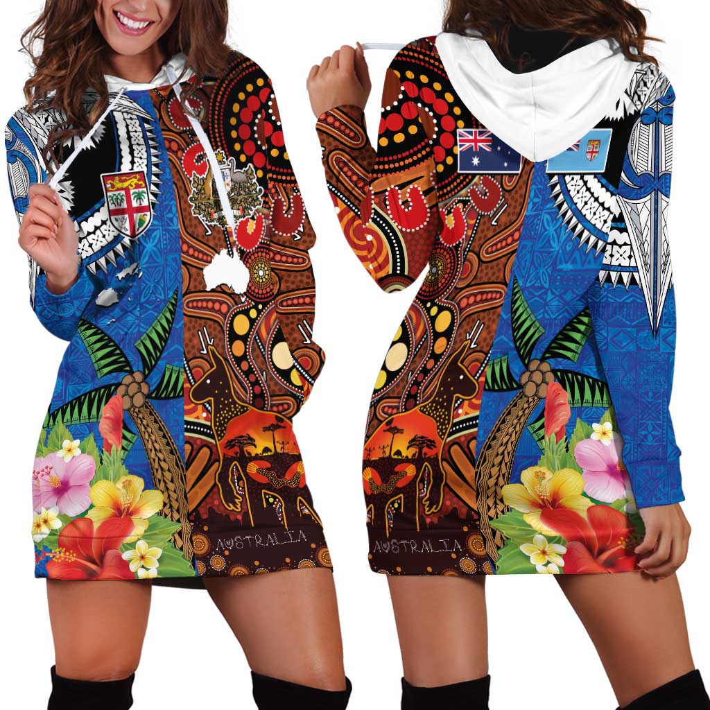 Fiji and Australia Together Hoodie Dress Fijian Tapa Plants with Kangaroo and Aboriginal - Polynesian Pride