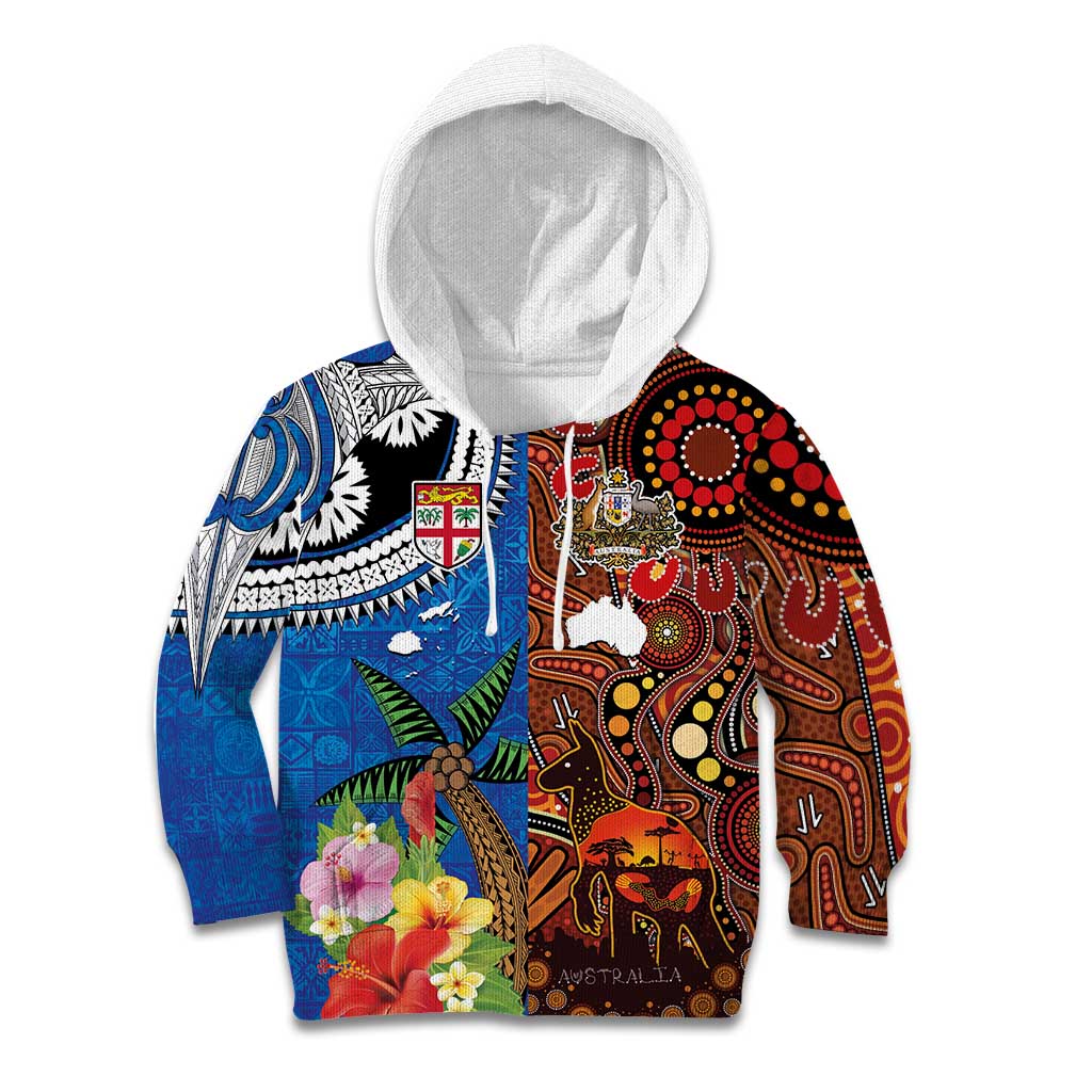 Fiji and Australia Together Kid Hoodie Fijian Tapa Plants with Kangaroo and Aboriginal - Polynesian Pride