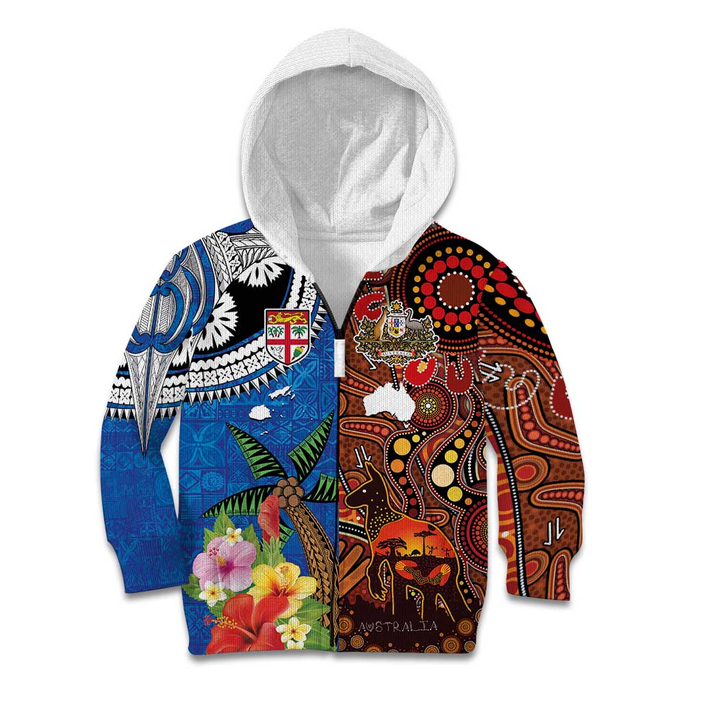 Fiji and Australia Together Kid Hoodie Fijian Tapa Plants with Kangaroo and Aboriginal - Polynesian Pride