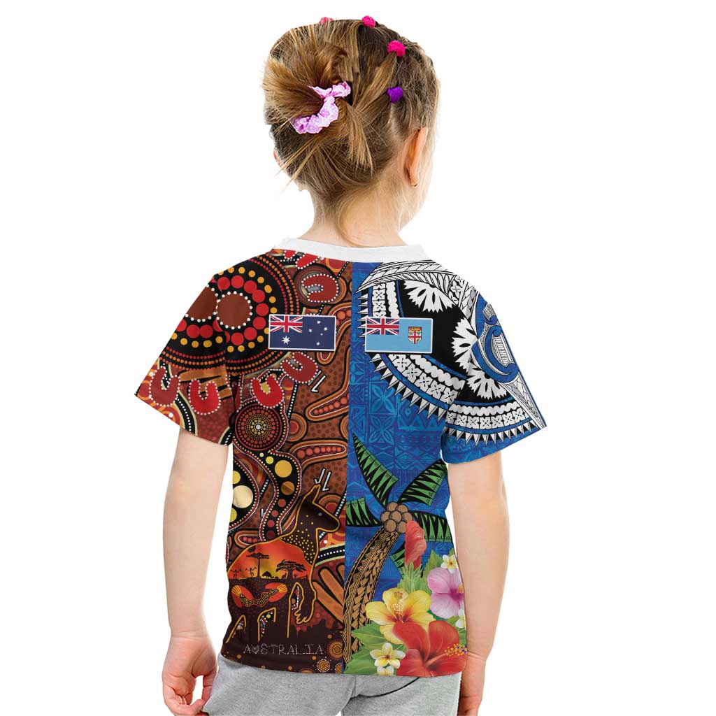 Fiji and Australia Together Kid T Shirt Fijian Tapa Plants with Kangaroo and Aboriginal - Polynesian Pride
