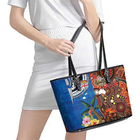 Fiji and Australia Together Leather Tote Bag Fijian Tapa Plants with Kangaroo and Aboriginal - Polynesian Pride