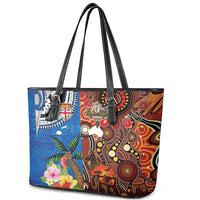 Fiji and Australia Together Leather Tote Bag Fijian Tapa Plants with Kangaroo and Aboriginal - Polynesian Pride