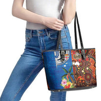Fiji and Australia Together Leather Tote Bag Fijian Tapa Plants with Kangaroo and Aboriginal - Polynesian Pride