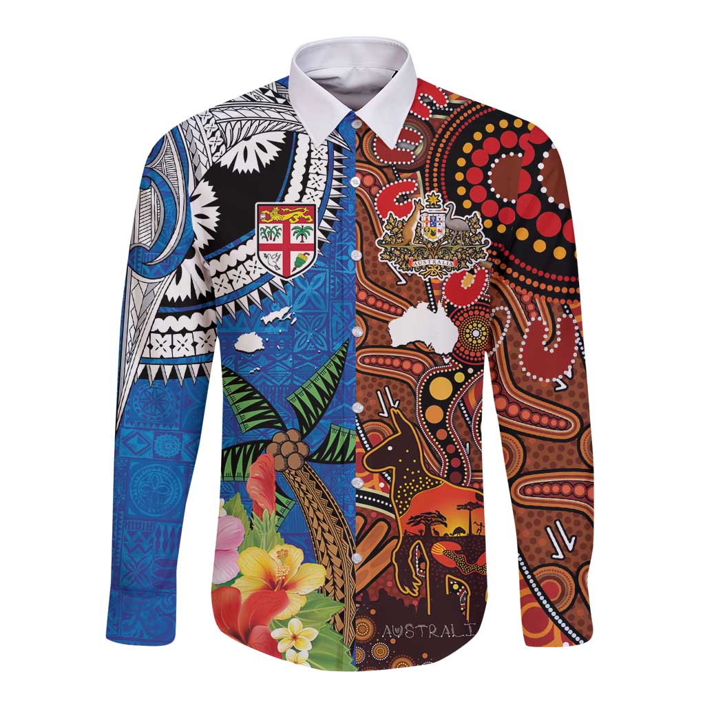 Fiji and Australia Together Long Sleeve Button Shirt Fijian Tapa Plants with Kangaroo and Aboriginal LT03 Unisex Black - Polynesian Pride
