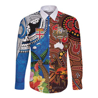 Fiji and Australia Together Long Sleeve Button Shirt Fijian Tapa Plants with Kangaroo and Aboriginal LT03 Unisex Black - Polynesian Pride