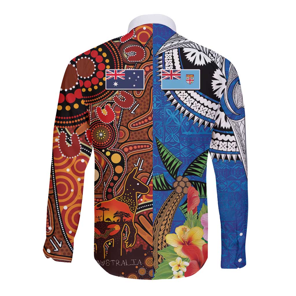 Fiji and Australia Together Long Sleeve Button Shirt Fijian Tapa Plants with Kangaroo and Aboriginal LT03 - Polynesian Pride