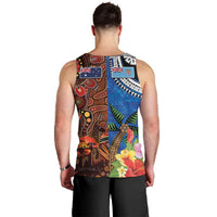 Fiji and Australia Together Men Tank Top Fijian Tapa Plants with Kangaroo and Aboriginal - Polynesian Pride