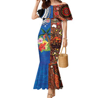 Fiji and Australia Together Mermaid Dress Fijian Tapa Plants with Kangaroo and Aboriginal - Polynesian Pride