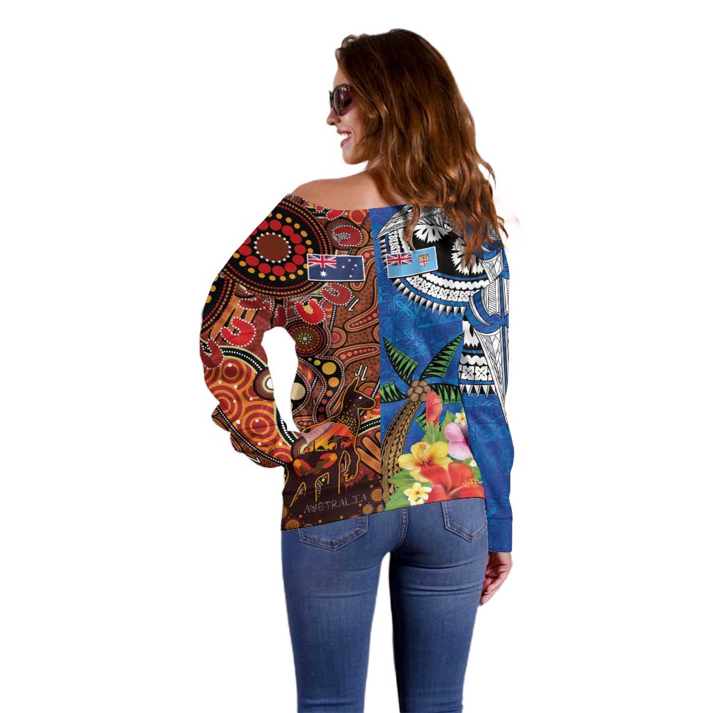 Fiji and Australia Together Off Shoulder Sweater Fijian Tapa Plants with Kangaroo and Aboriginal - Polynesian Pride
