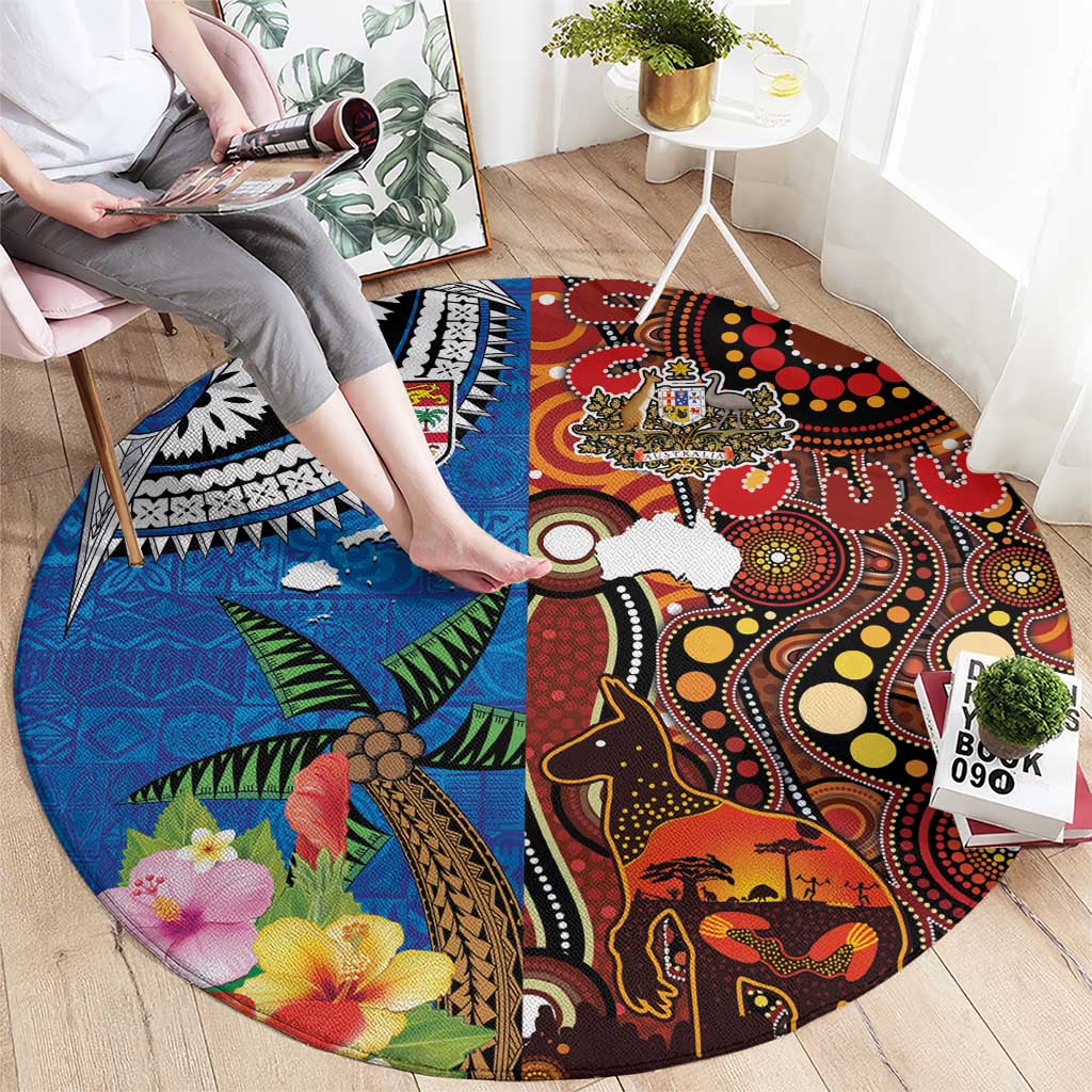 Fiji and Australia Together Round Carpet Fijian Tapa Plants with Kangaroo and Aboriginal - Polynesian Pride