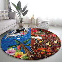 Fiji and Australia Together Round Carpet Fijian Tapa Plants with Kangaroo and Aboriginal - Polynesian Pride