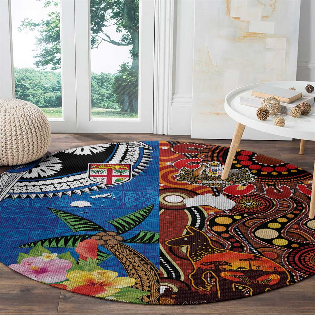 Fiji and Australia Together Round Carpet Fijian Tapa Plants with Kangaroo and Aboriginal - Polynesian Pride
