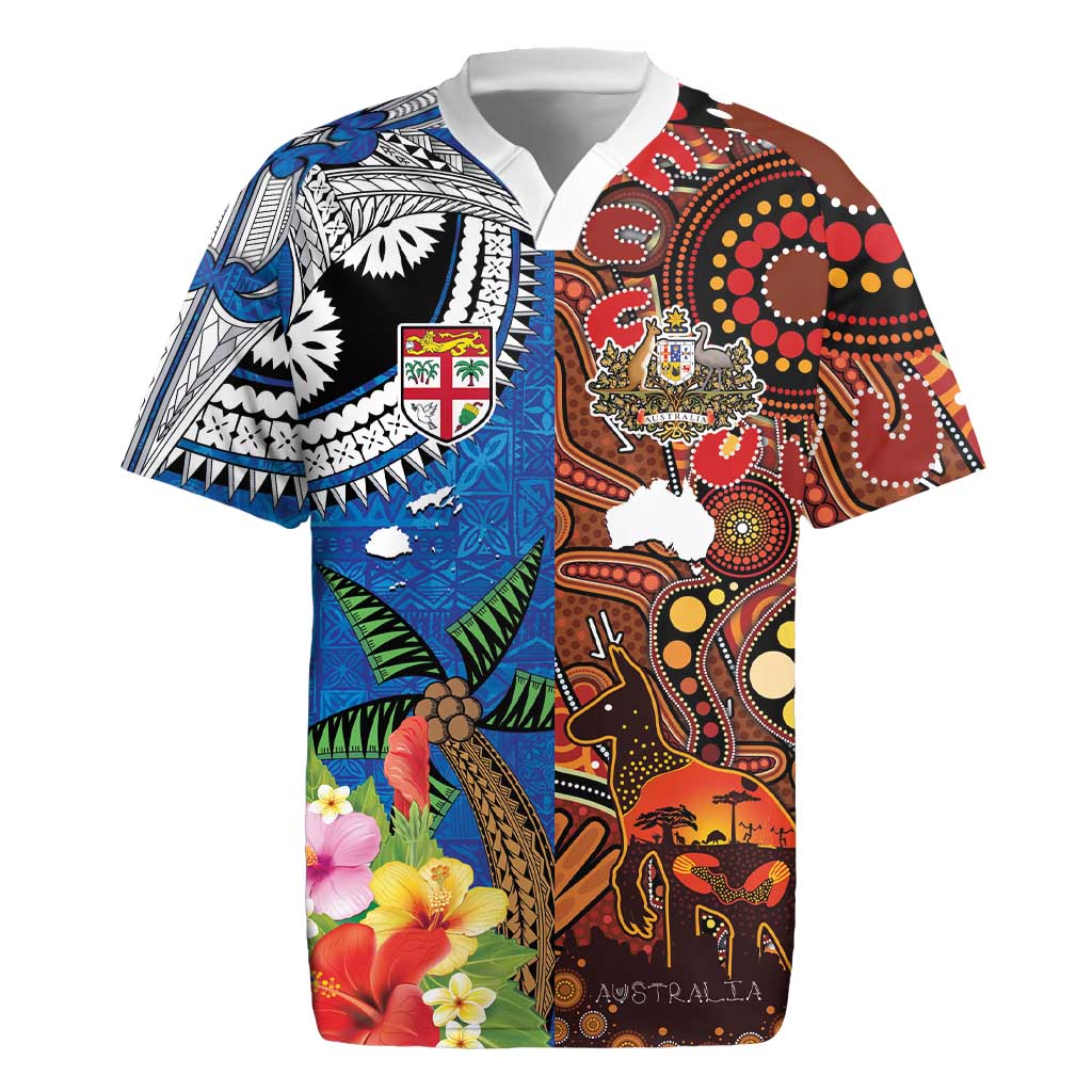 Fiji and Australia Together Rugby Jersey Fijian Tapa Plants with Kangaroo and Aboriginal - Polynesian Pride