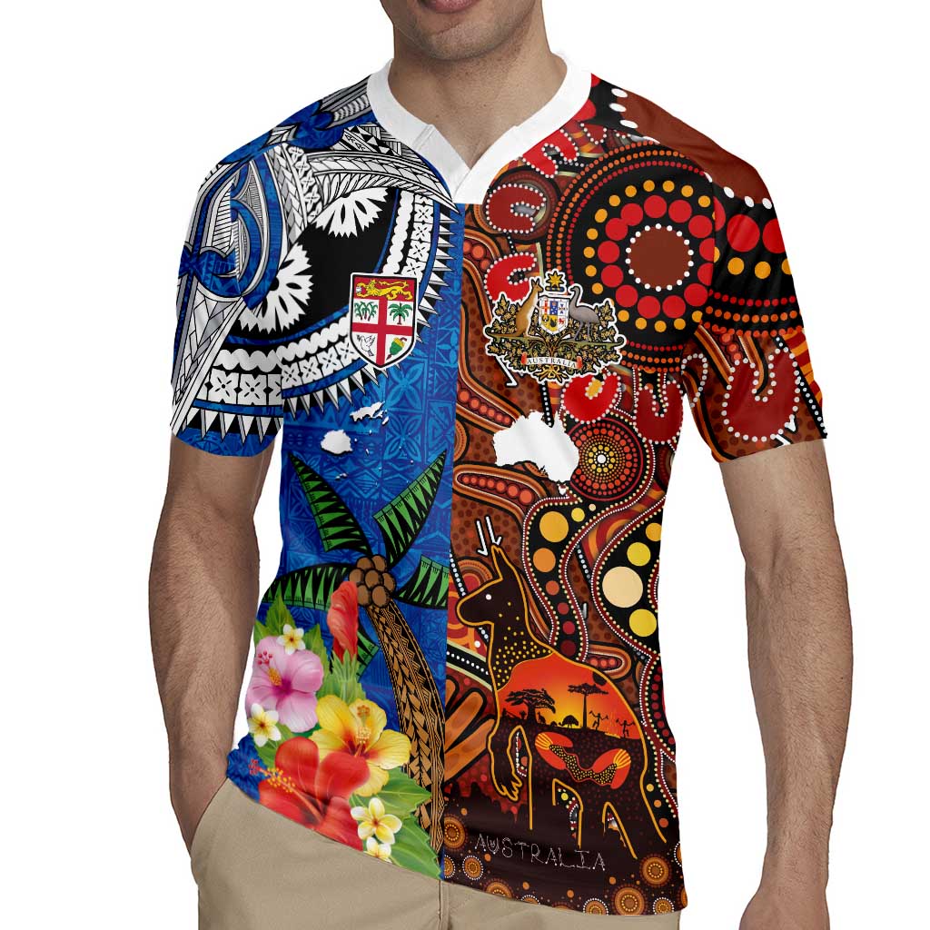 Fiji and Australia Together Rugby Jersey Fijian Tapa Plants with Kangaroo and Aboriginal LT03 - Polynesian Pride