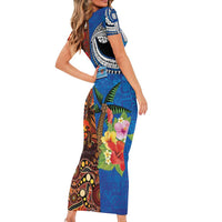 Fiji and Australia Together Short Sleeve Bodycon Dress Fijian Tapa Plants with Kangaroo and Aboriginal - Polynesian Pride