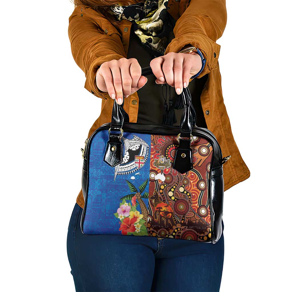 Fiji and Australia Together Shoulder Handbag Fijian Tapa Plants with Kangaroo and Aboriginal - Polynesian Pride