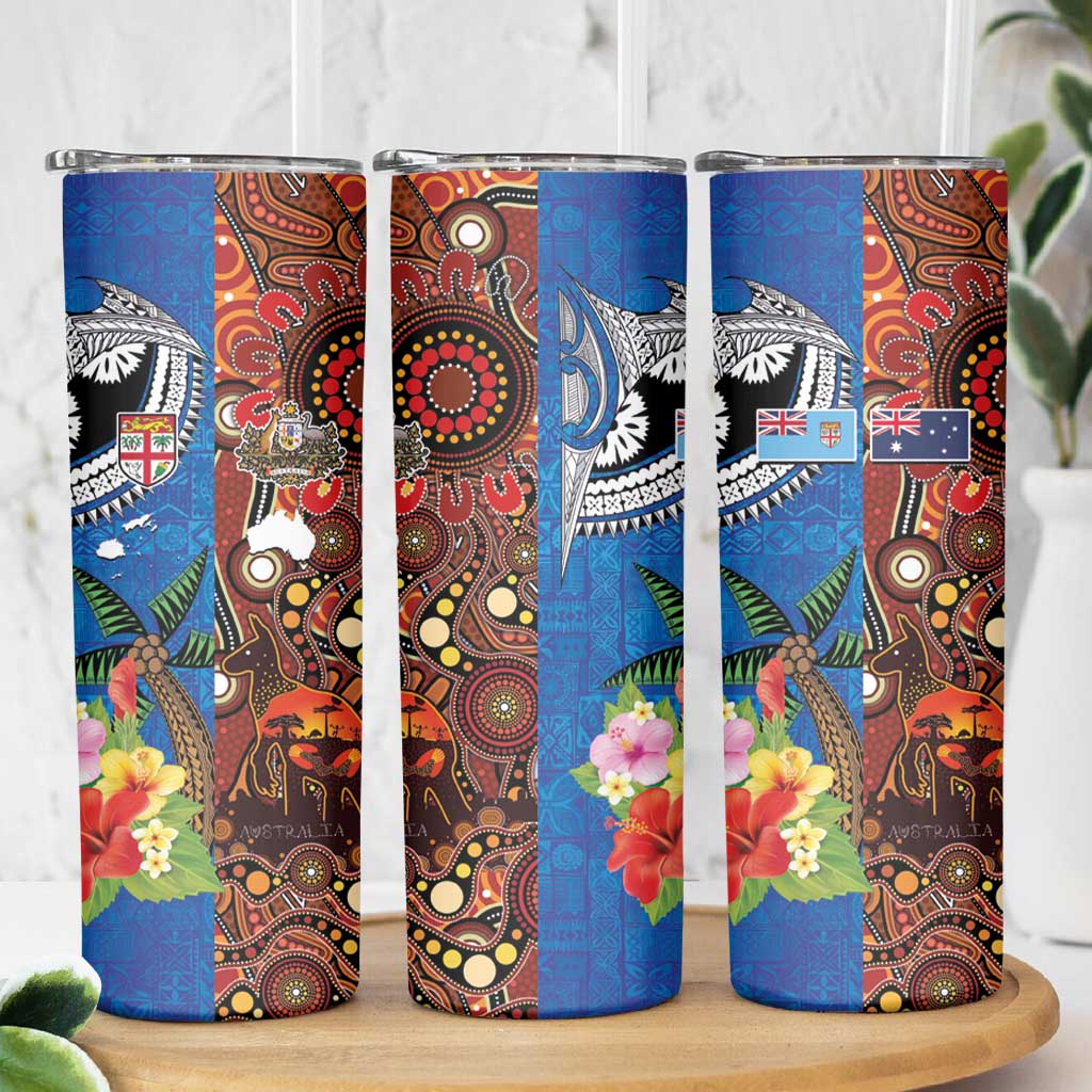 Fiji and Australia Together Skinny Tumbler Fijian Tapa Plants with Kangaroo and Aboriginal - Polynesian Pride