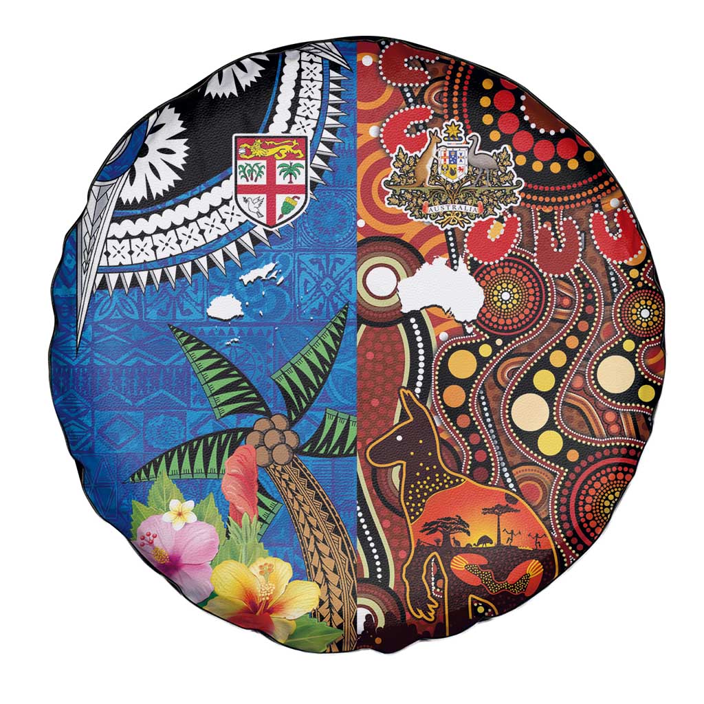 Fiji and Australia Together Spare Tire Cover Fijian Tapa Plants with Kangaroo and Aboriginal - Polynesian Pride