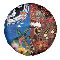 Fiji and Australia Together Spare Tire Cover Fijian Tapa Plants with Kangaroo and Aboriginal - Polynesian Pride