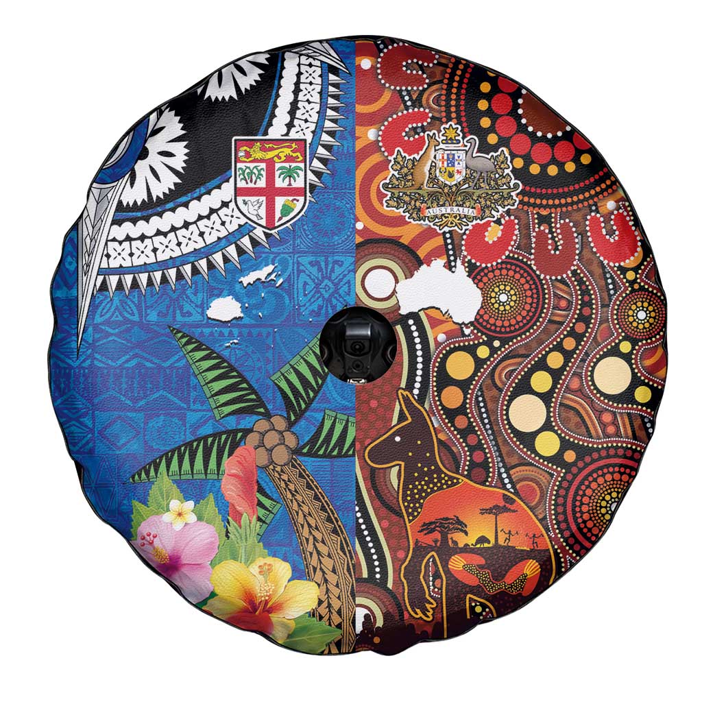Fiji and Australia Together Spare Tire Cover Fijian Tapa Plants with Kangaroo and Aboriginal - Polynesian Pride