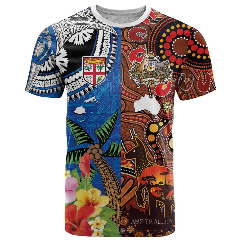 Fiji and Australia Together T Shirt Fijian Tapa Plants with Kangaroo and Aboriginal - Polynesian Pride