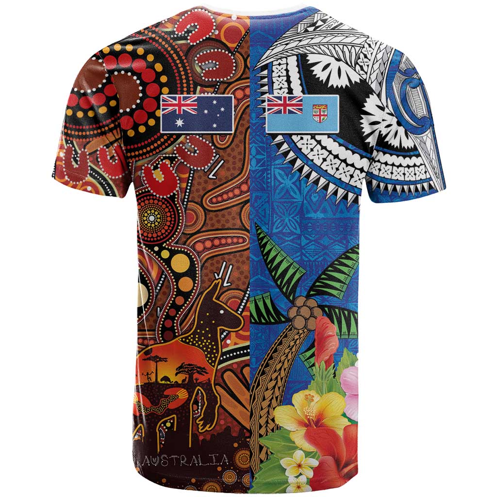 Fiji and Australia Together T Shirt Fijian Tapa Plants with Kangaroo and Aboriginal - Polynesian Pride