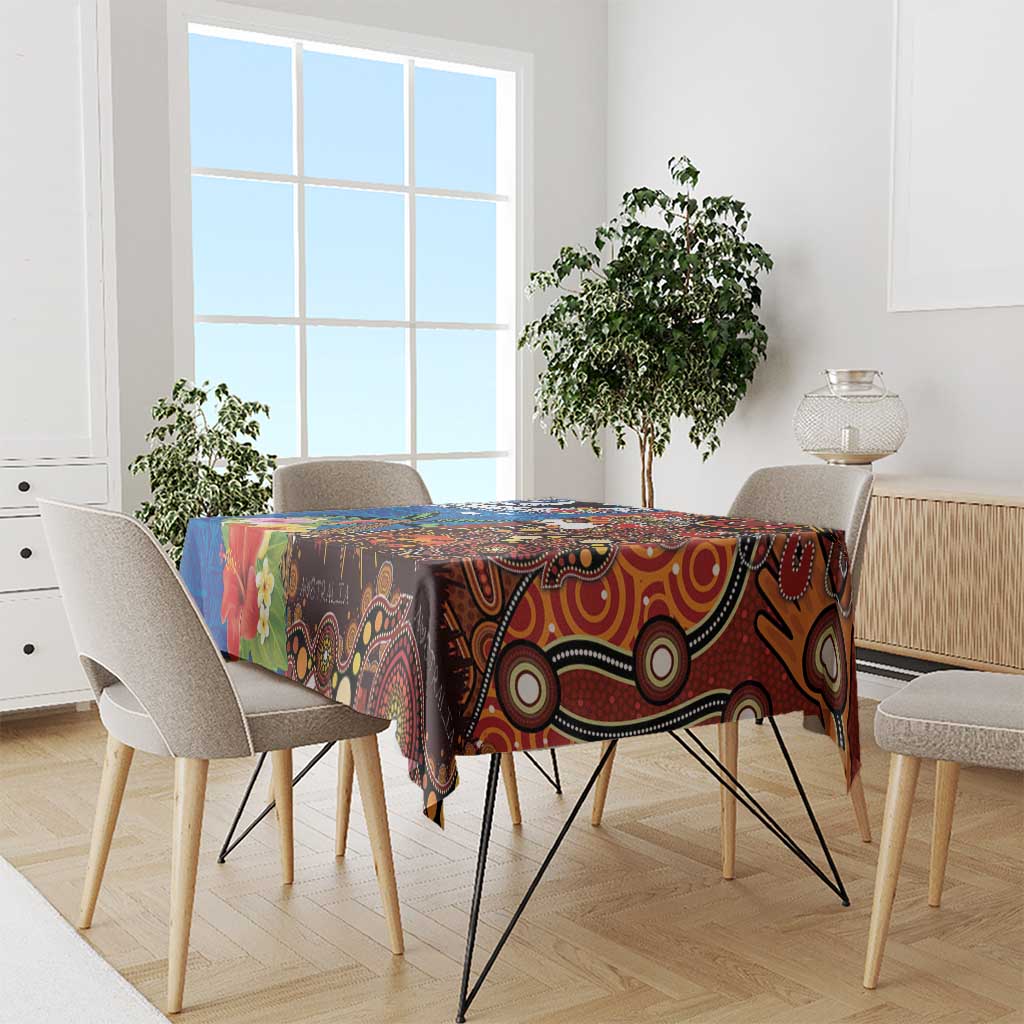 Fiji and Australia Together Tablecloth Fijian Tapa Plants with Kangaroo and Aboriginal - Polynesian Pride