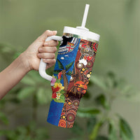 Fiji and Australia Together Tumbler With Handle Fijian Tapa Plants with Kangaroo and Aboriginal - Polynesian Pride
