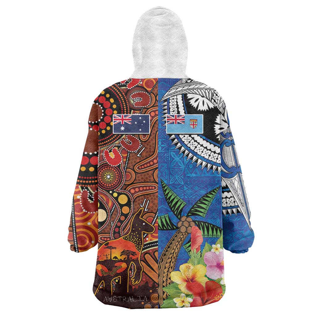 Fiji and Australia Together Wearable Blanket Hoodie Fijian Tapa Plants with Kangaroo and Aboriginal - Polynesian Pride