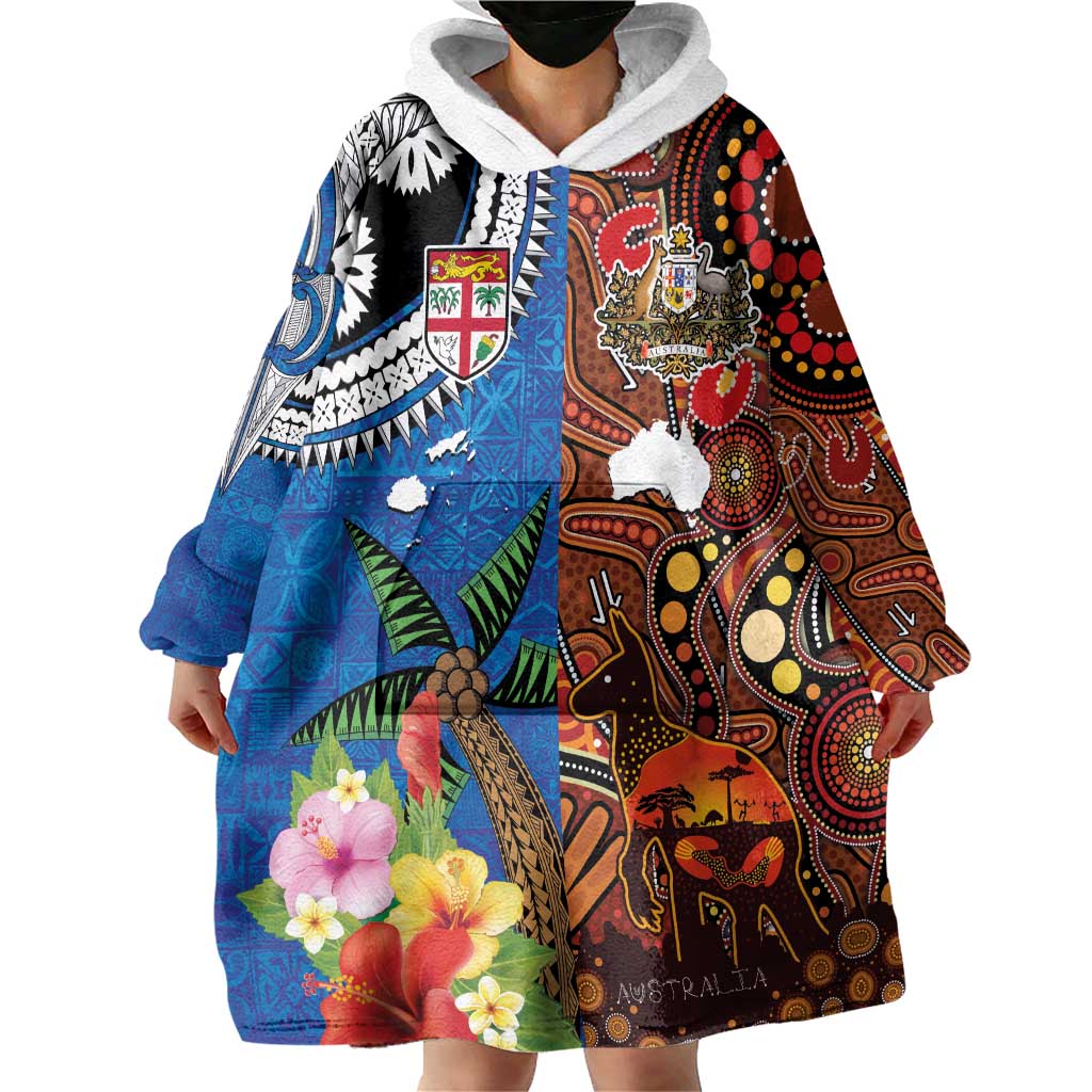 Fiji and Australia Together Wearable Blanket Hoodie Fijian Tapa Plants with Kangaroo and Aboriginal - Polynesian Pride