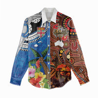 Fiji and Australia Together Women Casual Shirt Fijian Tapa Plants with Kangaroo and Aboriginal - Polynesian Pride