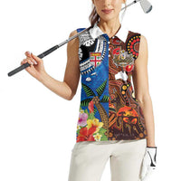 Fiji and Australia Together Women Sleeveless Polo Shirt Fijian Tapa Plants with Kangaroo and Aboriginal - Polynesian Pride