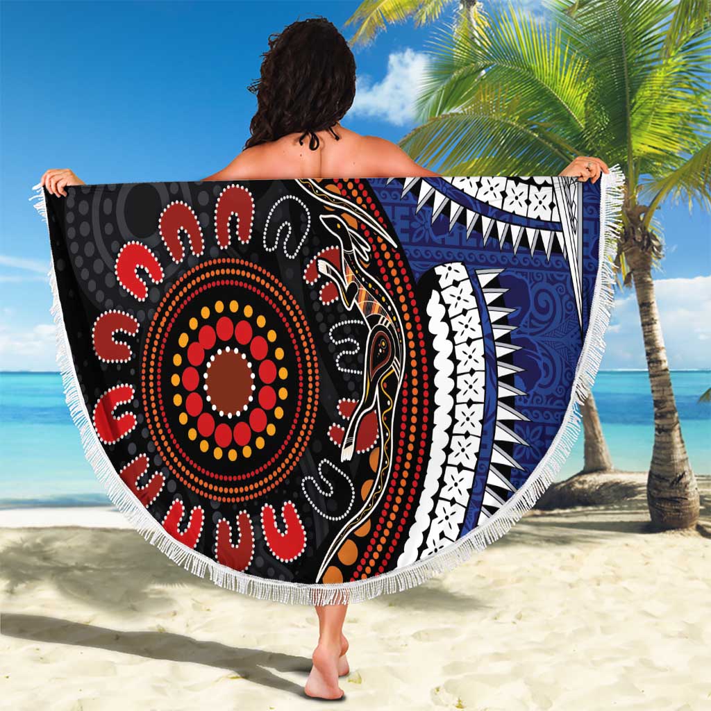 Fiji and Australia Together Beach Blanket Kangaroo Aboriginal with Tribal Tapa Hibiscus Half Style - Polynesian Pride