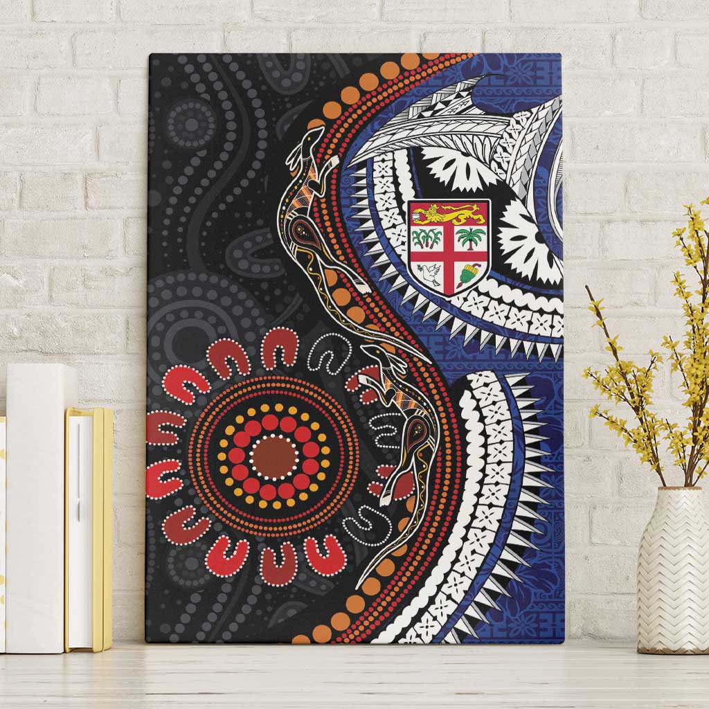 Fiji and Australia Together Canvas Wall Art Kangaroo Aboriginal with Tribal Tapa Hibiscus Half Style - Polynesian Pride