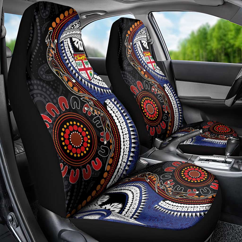 Fiji and Australia Together Car Seat Cover Kangaroo Aboriginal with Tribal Tapa Hibiscus Half Style - Polynesian Pride